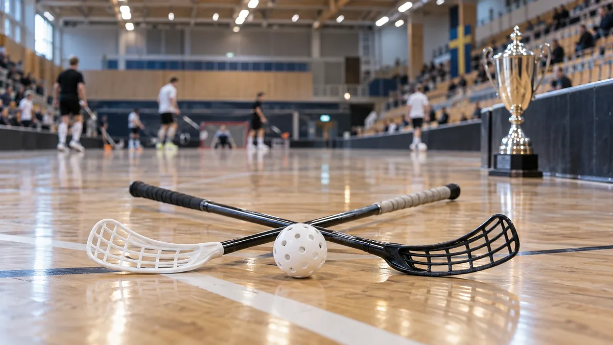 Två korsade innebandyklubbor och en vit hålad boll ligger på ett blankt trägolv i en sporthall, med en pokal, spelare och publik suddigt i bakgrunden.