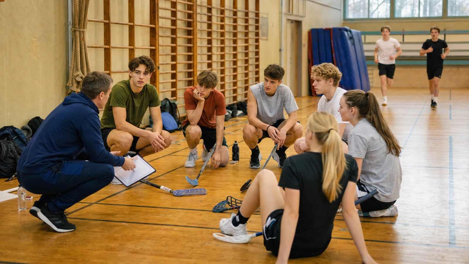 En tränare hukar med en taktiktavla framför gymnasieelever som sitter i en halvcirkel på hallgolvet med klubborna nedlagda